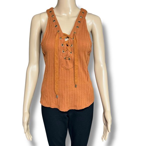Free People Womens Little Gingy Tank Top Lace V Neck Bodice Rust Orange Small - Picture 1 of 10